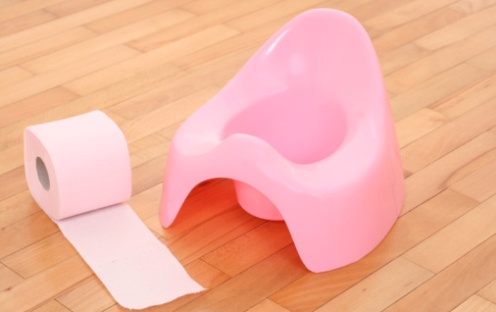pink potty and toilet paper on the floor